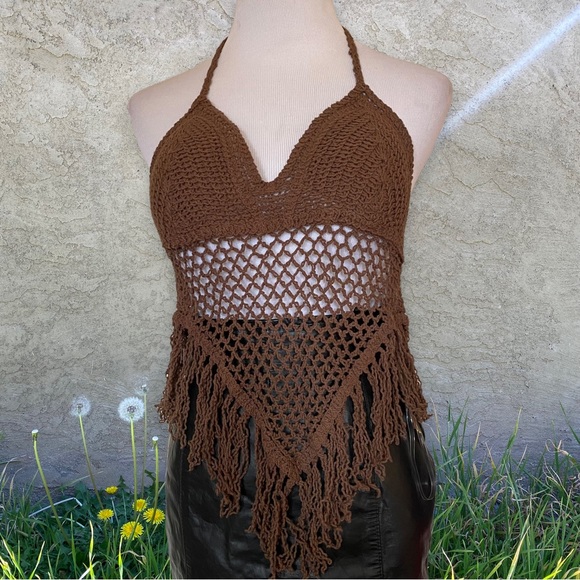 Sans Souci Tops Sans Souci Brown Crochet Fringe Halter Top Poshmark